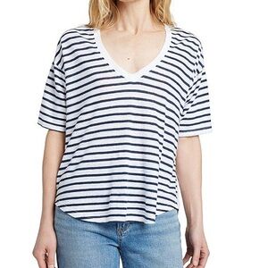 Faherty Navy and White Linen V-Neck